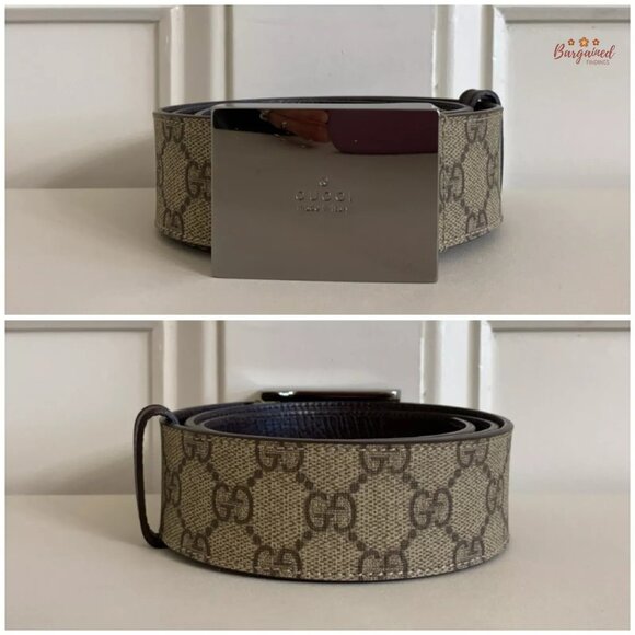 Authentic Gucci Brown GG Plus Monogram Canvas Silver Square Buckle Belt 85/34 - Picture 3 of 13